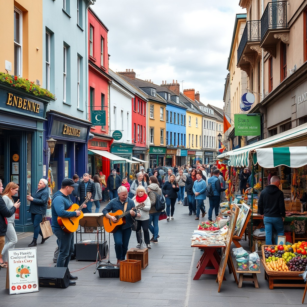 Galway's Latin Quarter bustling with colorful shops, street performers, and vibrant market stalls