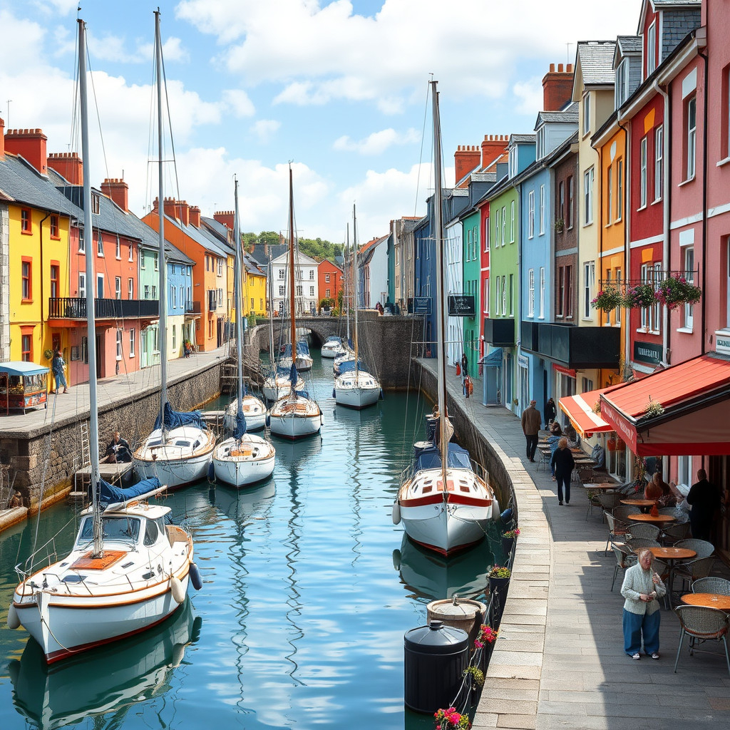 Kinsale's colorful harbor with boats, vibrant houses, and people enjoying seaside cafes