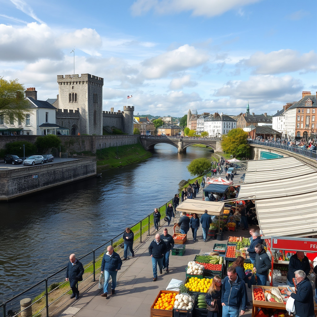 Limerick's King John's Castle beside River Shannon with lively market and people enjoying the city