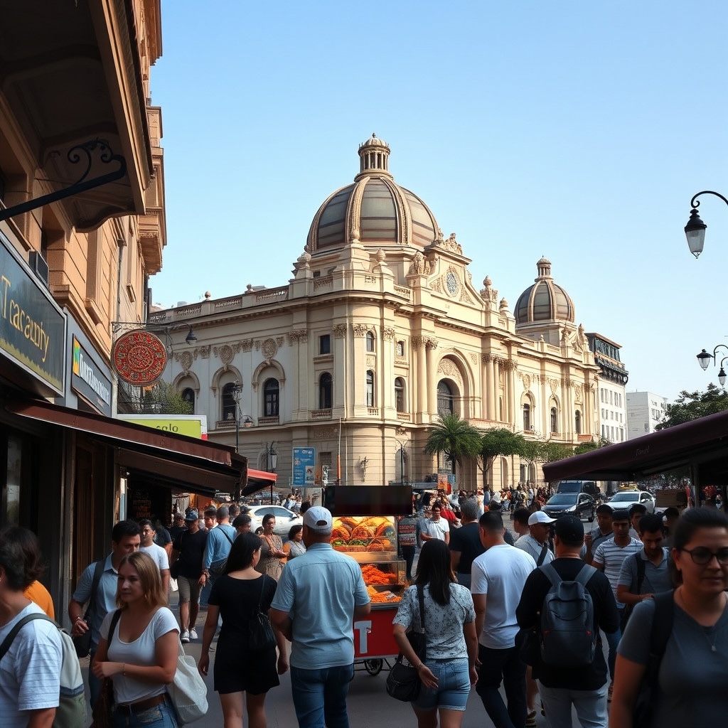 A street scene in Mexico City with Palacio de Bellas Artes in the background and locals enjoying daily life