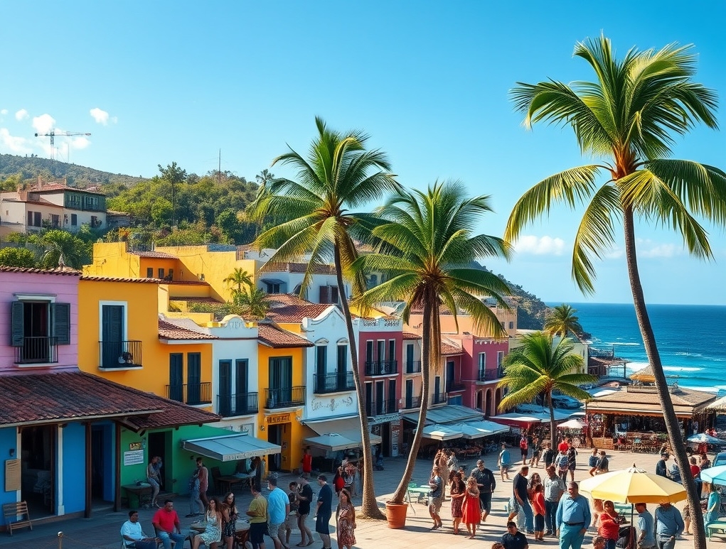 Expats enjoying a coastal town in Mexico with colorful buildings and a lively plaza