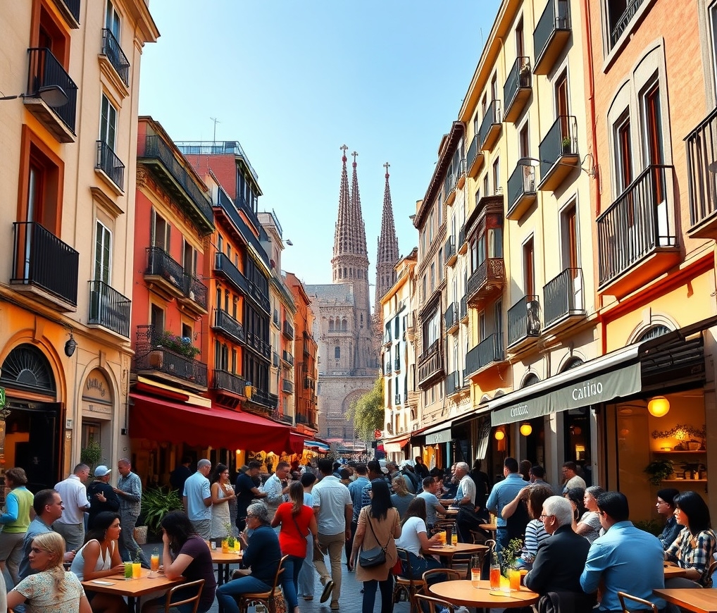 A lively Spanish street with people enjoying tapas, blending the cultures of Madrid and Barcelona