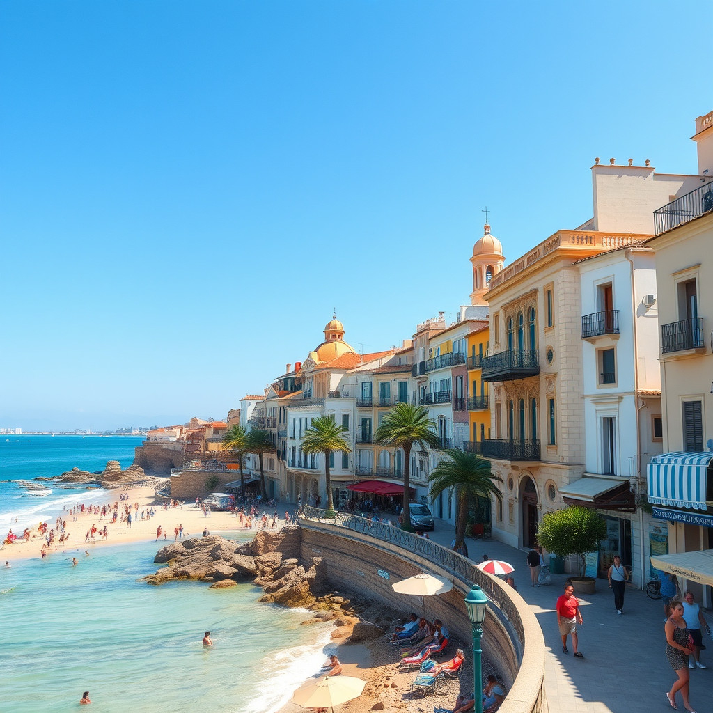 Scenic Mediterranean coastline of Spain showing beaches and historic buildings in Málaga