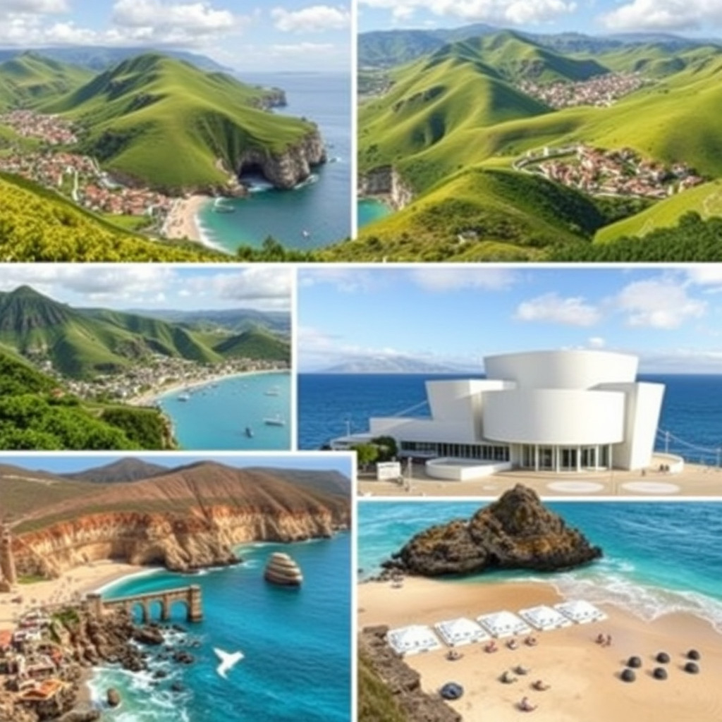 Collage of northern Spain's landscapes and Canary Islands beaches, blending green hills and tropical shores