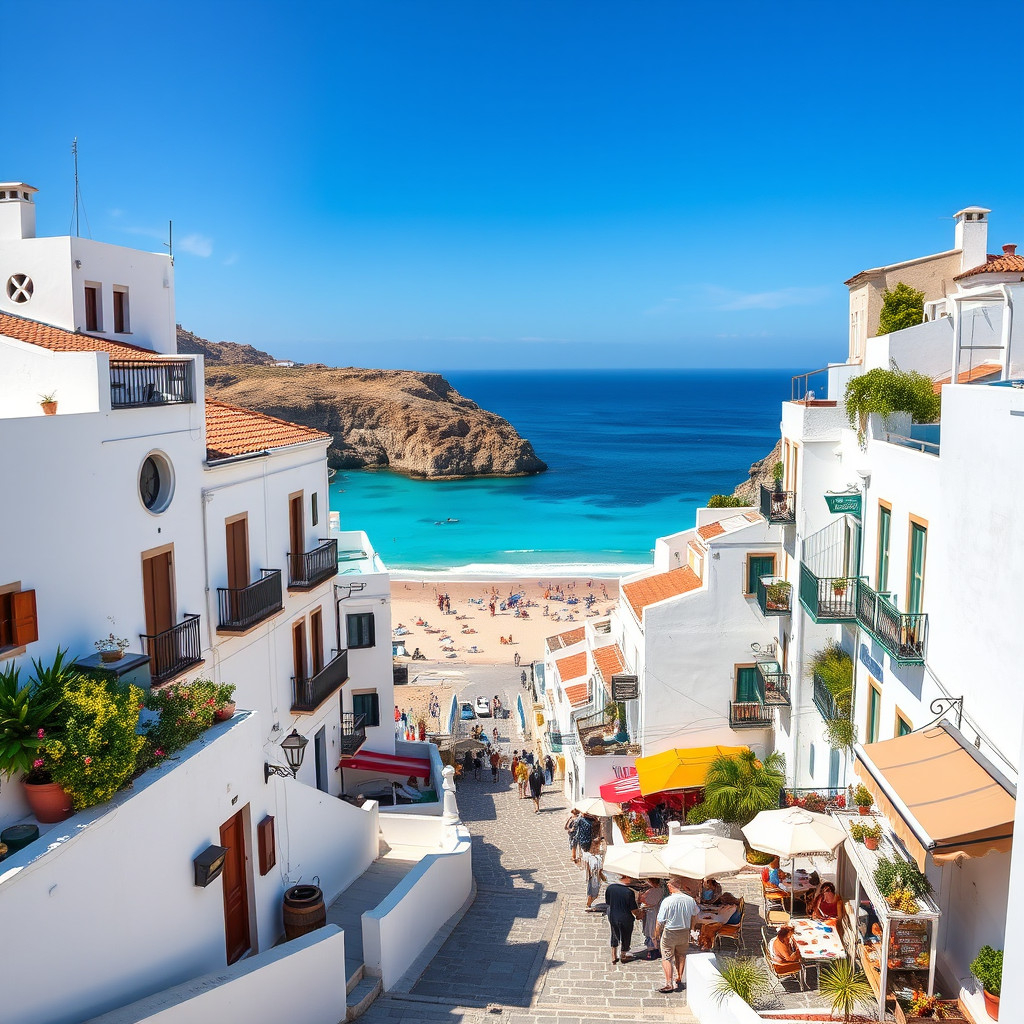 Spanish coastal town with white houses, lively streets, people at outdoor cafes, beach and sea behind