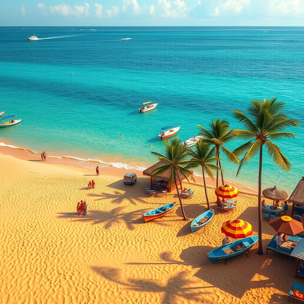 Serene Mexican beach with golden sands, clear turquoise waters, palm trees, and people enjoying the sun