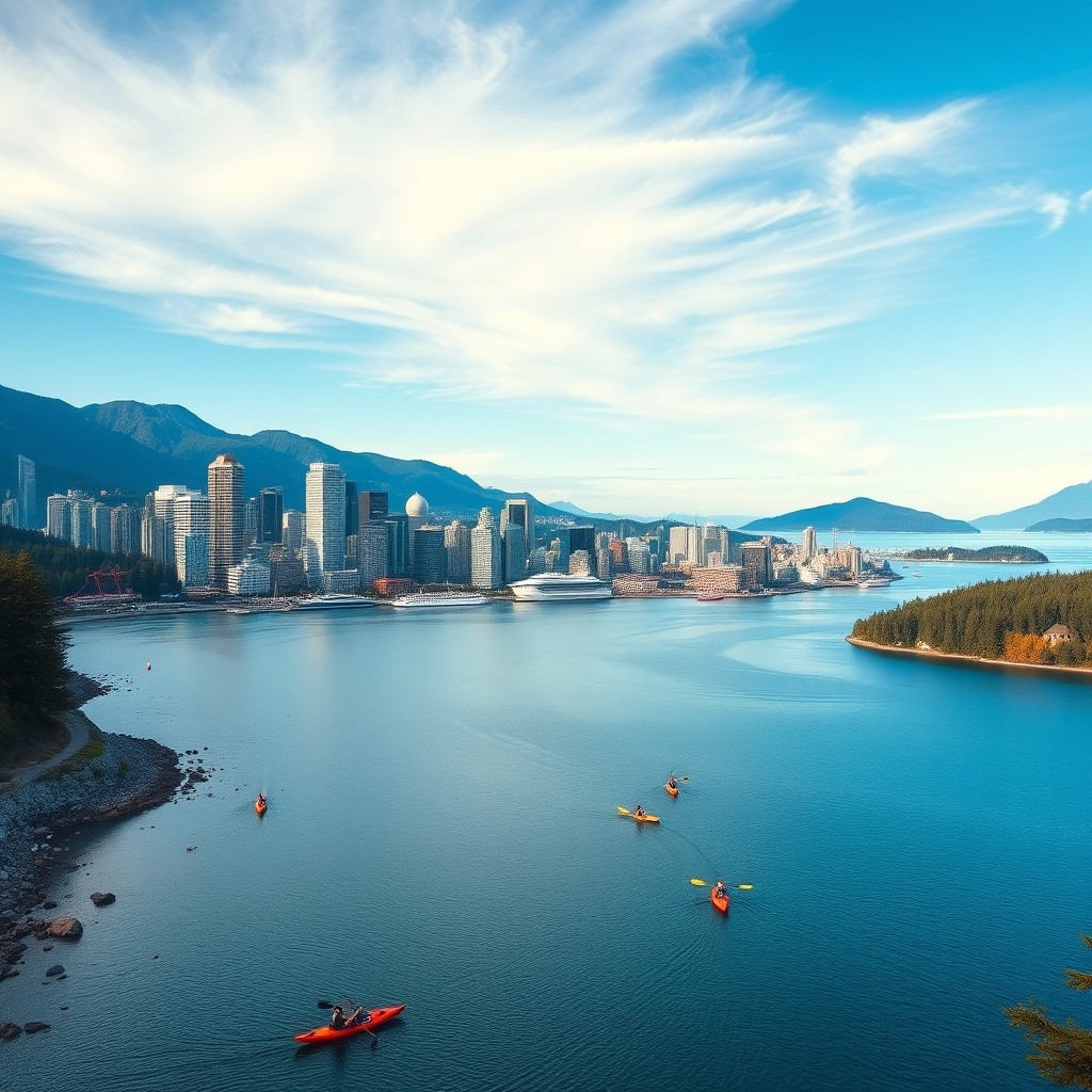 Vancouver skyline set between ocean and mountains with people enjoying outdoor activities