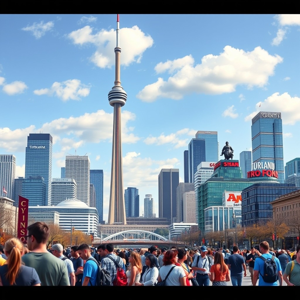 Bautiful Toronto skyline featuring the CN Tower with people enjoying city life