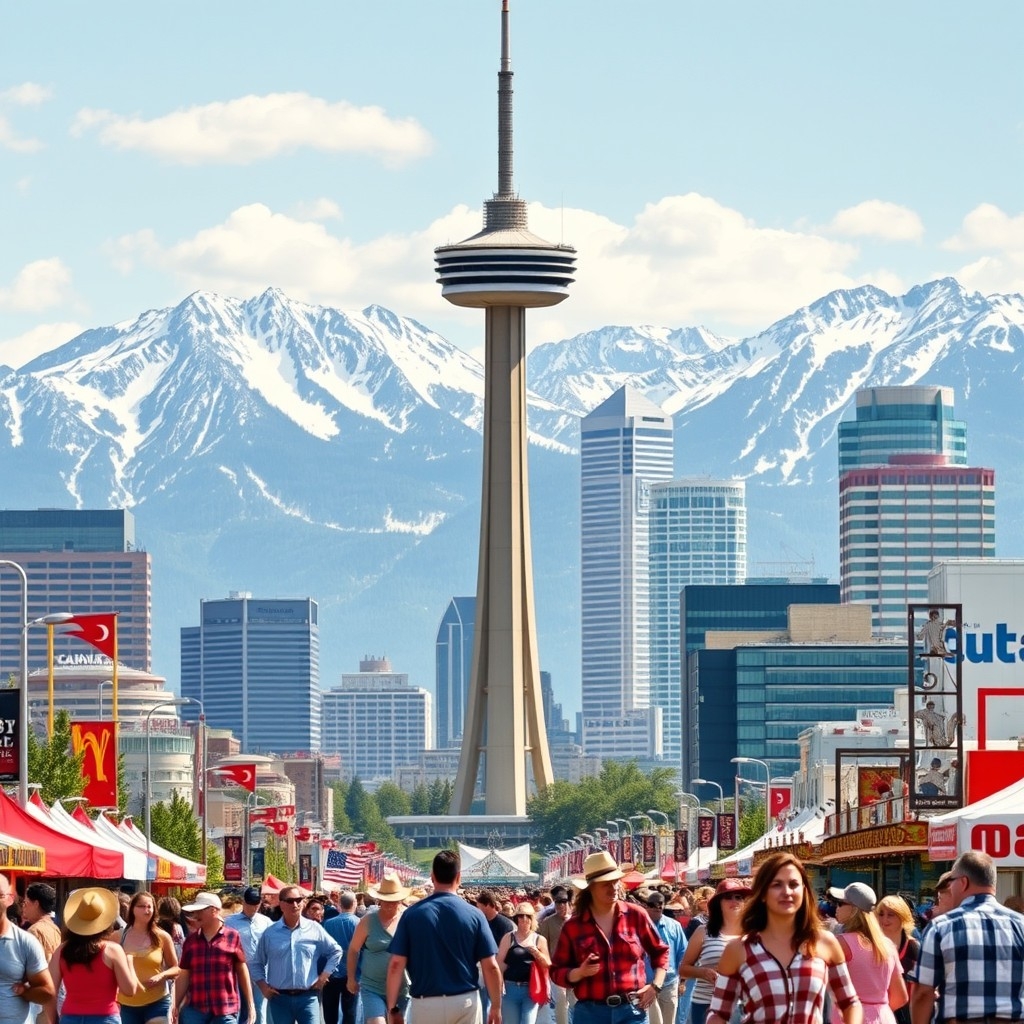 Calgary skyline with Rocky Mountains behind and people celebrating at a western-themed festival