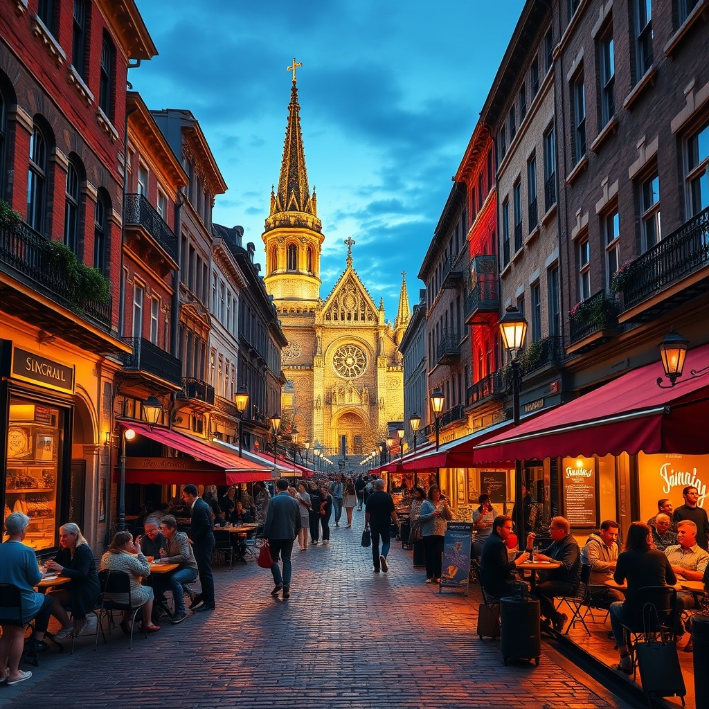 Old Montreal's cobblestone streets with view of Notre-Dame Basilica and people enjoying the evening