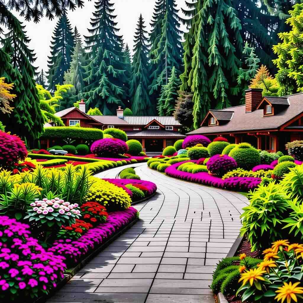 An illustration of a stunning garden in Victoria, Canada, filled with colorful flowers and trees, reminiscent of Butchart Gardens.