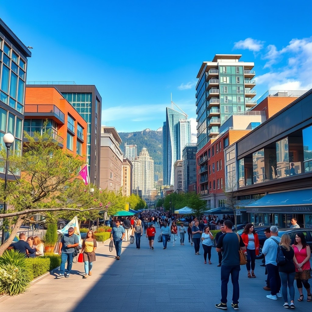 People enjoying outdoor activities in a vibrant Canadian city with modern architecture and natural landscapes