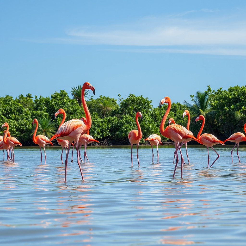 Celestún Reserve in Mexico that has a lot of flamingos. Flamingos are enjoying