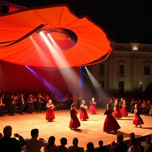 International Cervantino Festival in Guanajuato, popular with dance and more. A group of people are dancing on the stage.