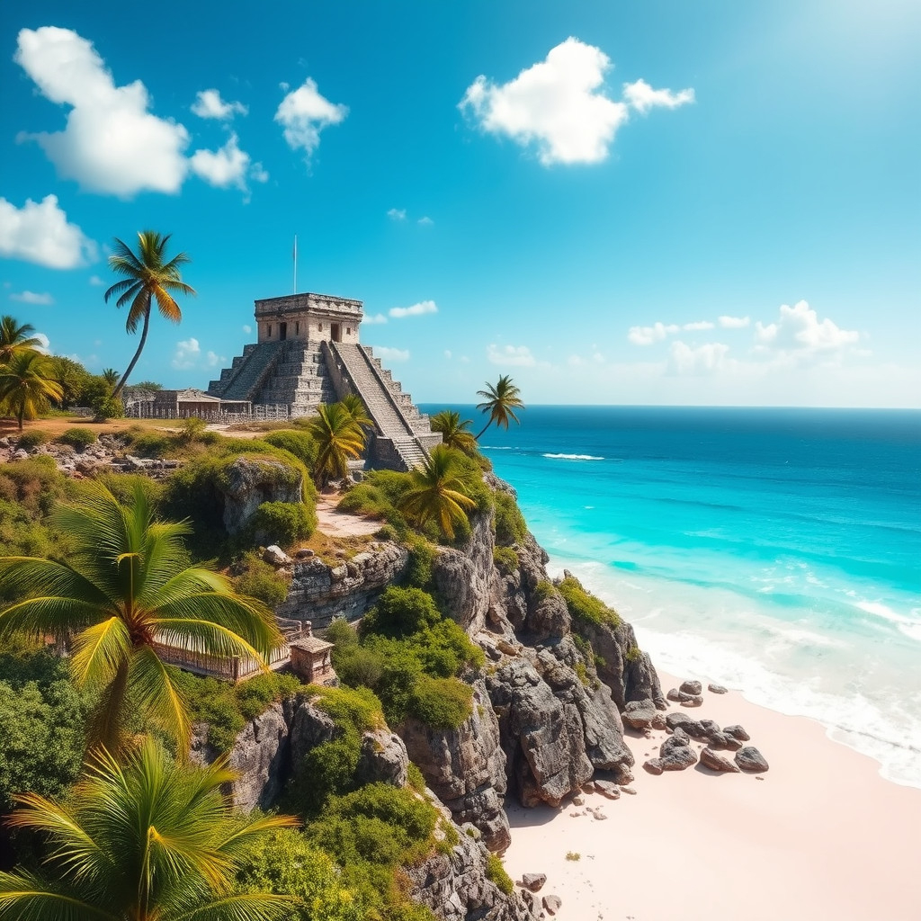 Ancient Mayan ruins of Tulum overlooking the Caribbean Sea with sandy beaches and palm trees