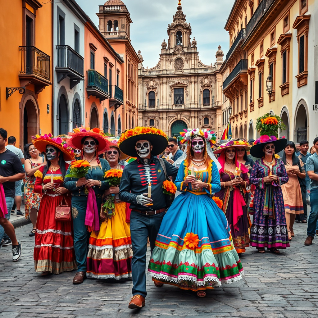 Colorful Day of the Dead parade with people in traditional costumes on Oaxaca's cobblestone streets