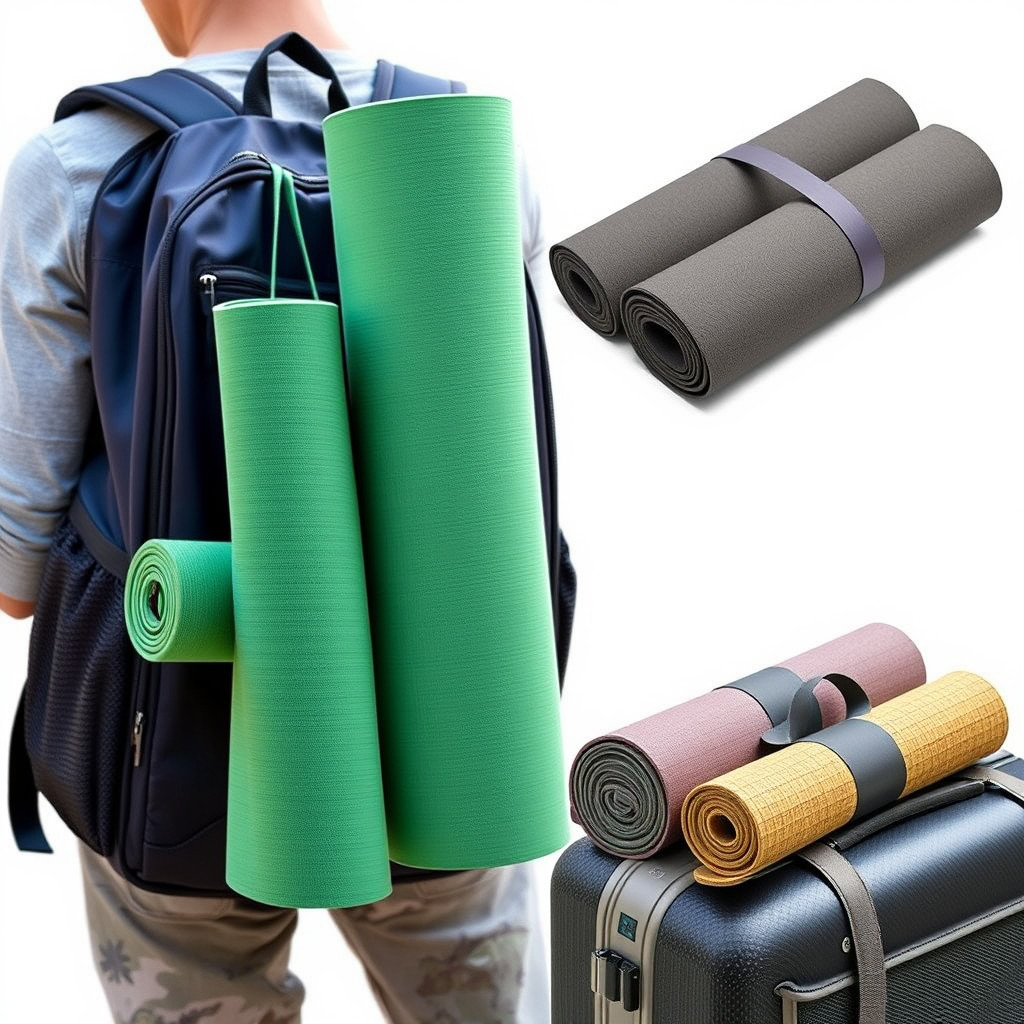 Various foldable, eco-friendly travel yoga mats showing portability and sustainable materials