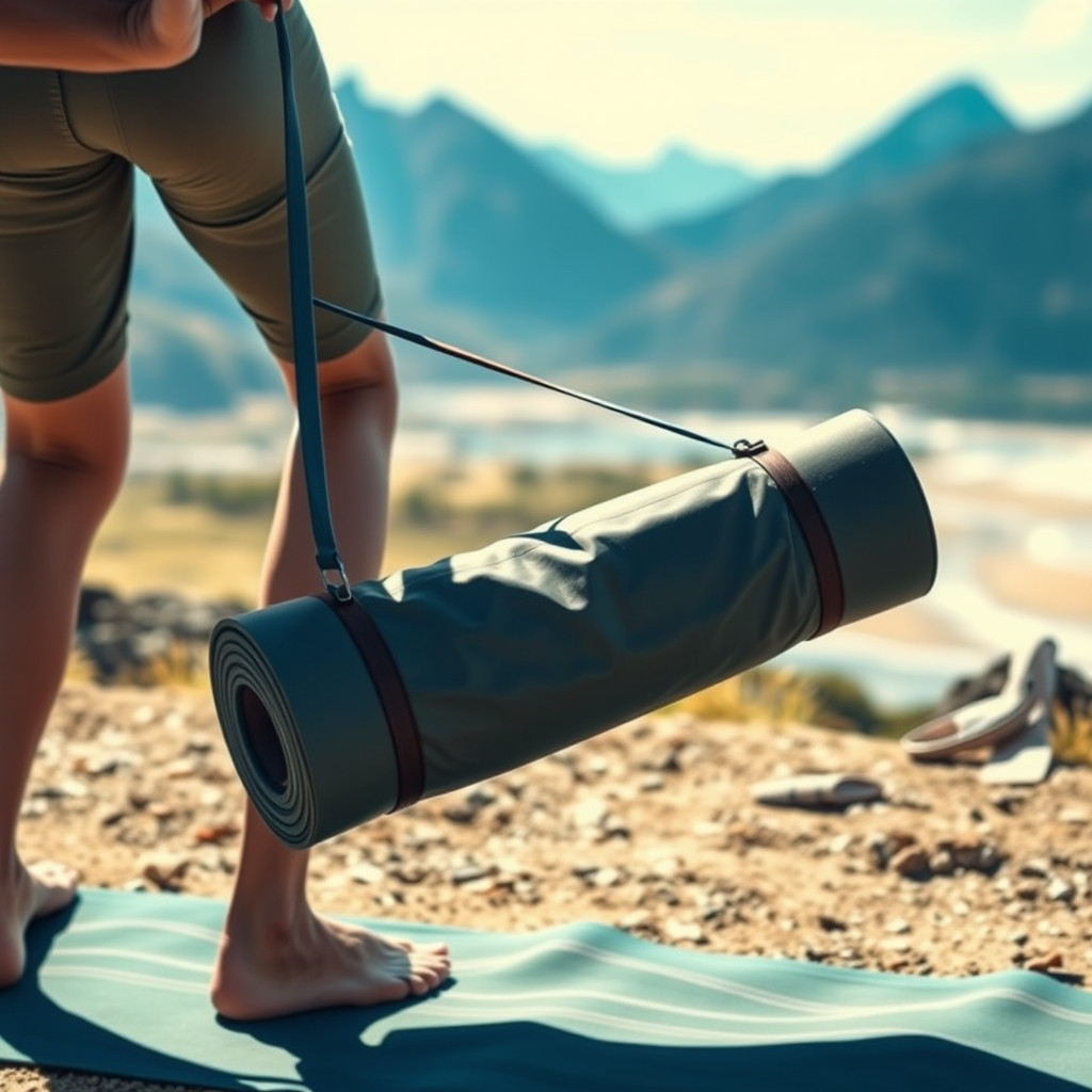 Traveler unrolling a lightweight yoga mat in a scenic location to practice yoga while traveling