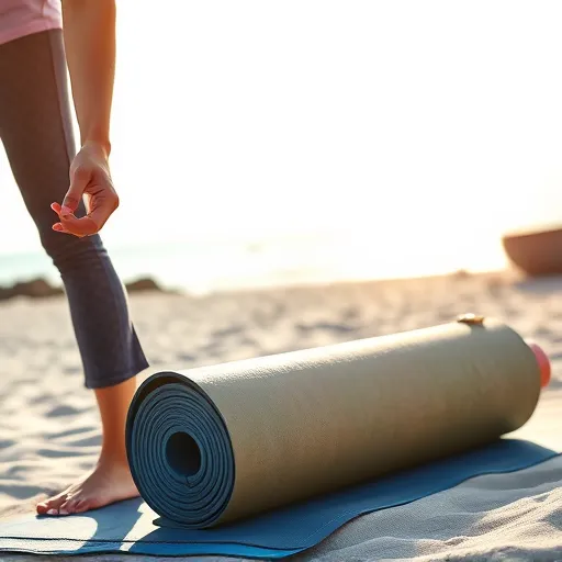 A traveler unrolling a yoga mat in a beautiful beach, preparing to practice yoga.