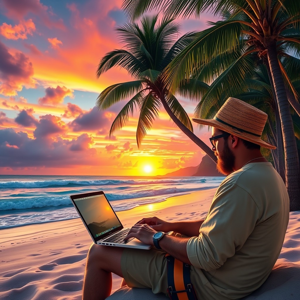 Digital nomad using a laptop on a Brazilian beach at sunset, palm trees and ocean in background