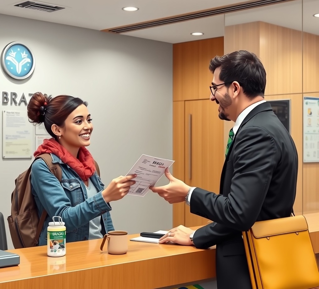 Traveler submitting visa application at Brazilian embassy desk