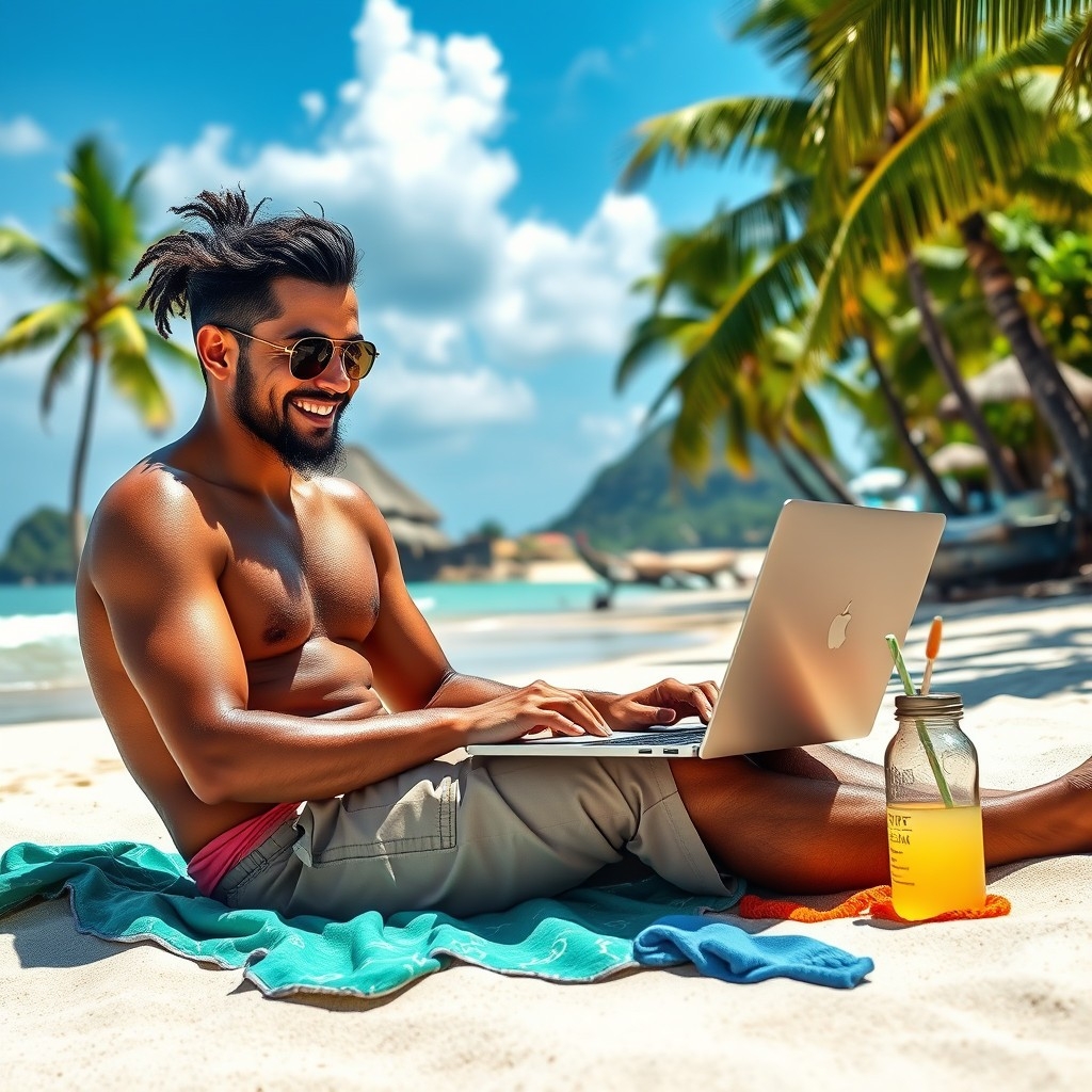 Digital nomad typing on laptop on a sunny Brazilian beach with coconut drink