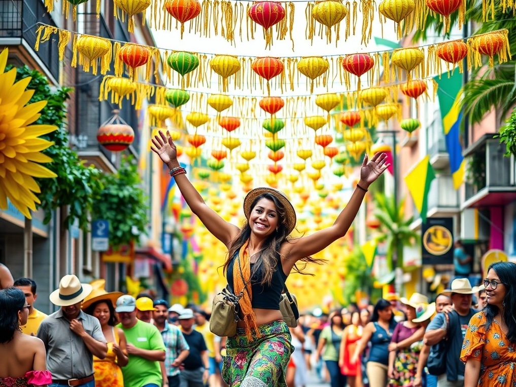 Traveler dancing samba during Carnival in Brazil surrounded by vibrant colors