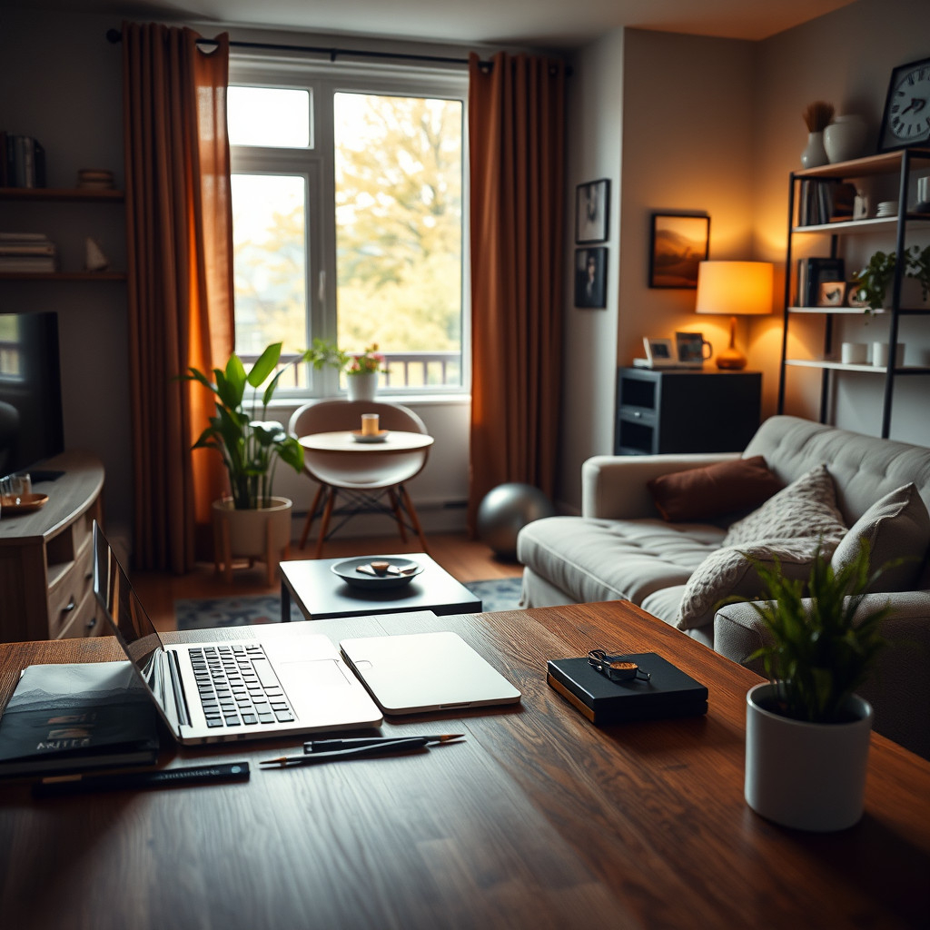 Cozy Canadian apartment with laptop on desk, representing digital nomad lifestyle in Canada