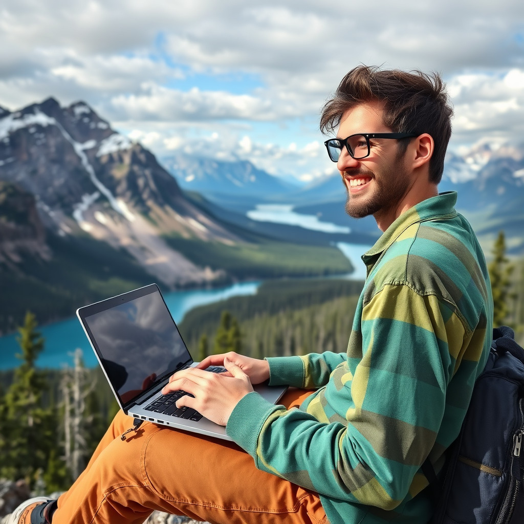 Digital nomad working on laptop overlooking Canadian mountains and lakes