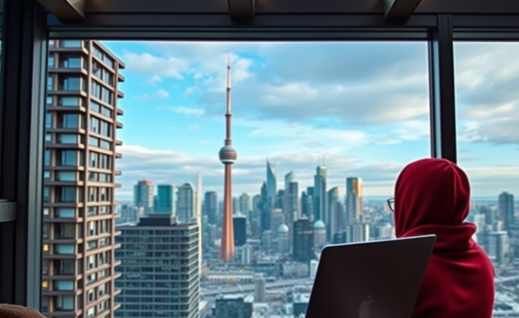 Digital nomad working on a laptop overlooking Toronto skyline, showing remote work in Canada.