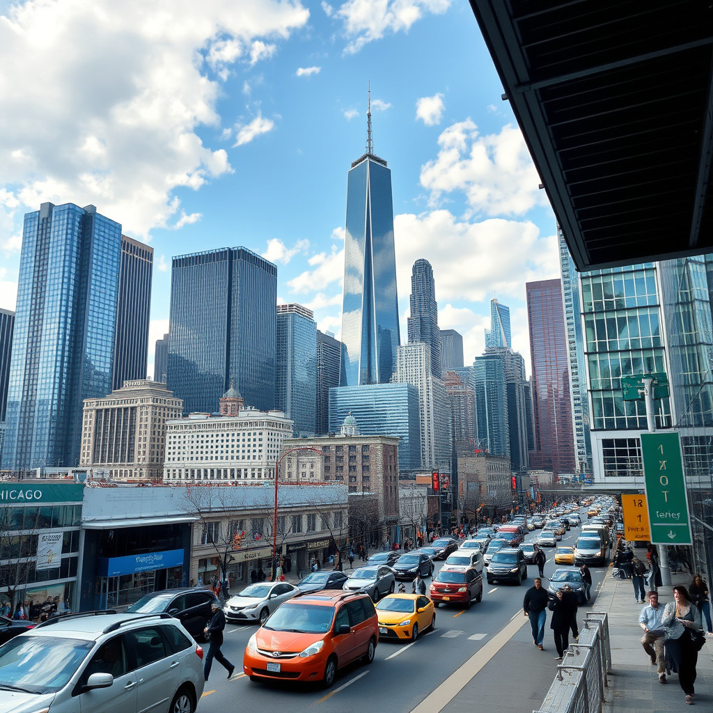 Chicago cityscape with skyline along Lake Michigan featuring Willis Tower and bustling streets