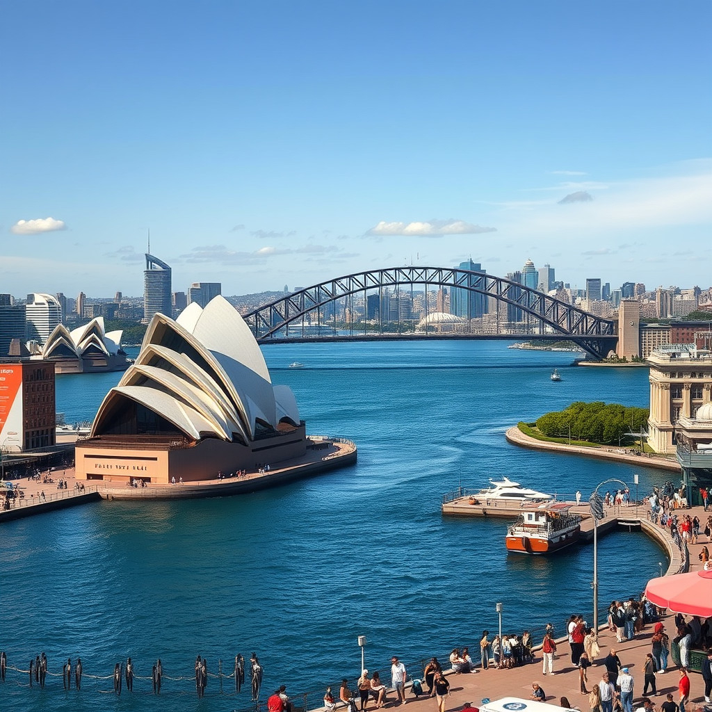 Sydney's harbour with Opera House, Harbour Bridge, and skyline bustling with activity