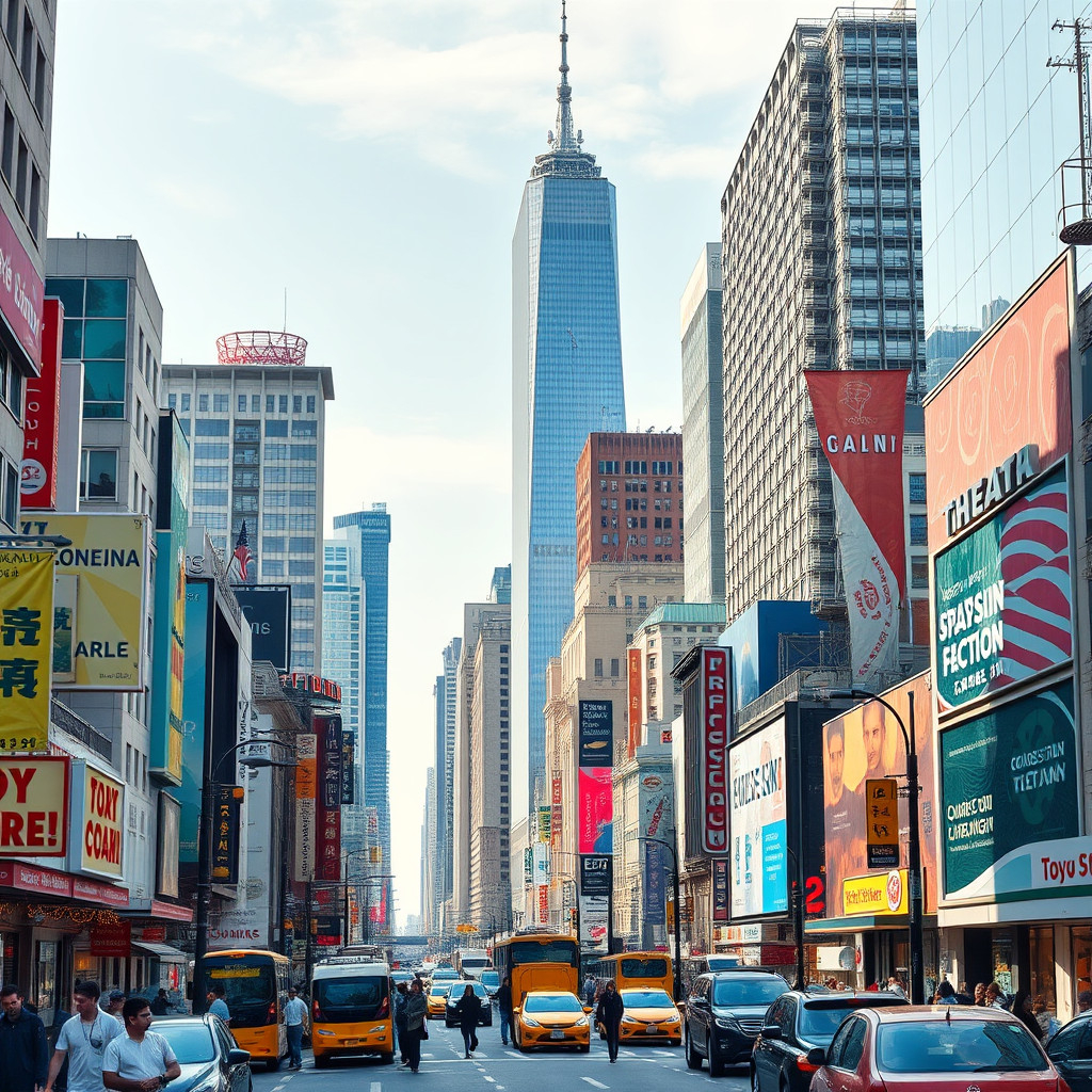 A cityscape of global cities resembling New York City with towering skyscrapers and bustling streets