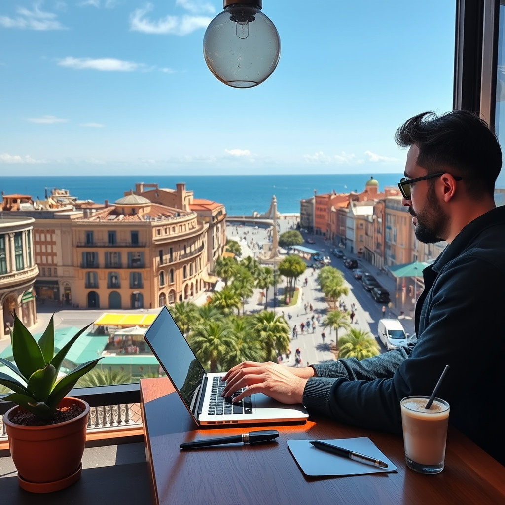 A digital nomad working on a laptop in a café overlooking Las Ramblas in Barcelona