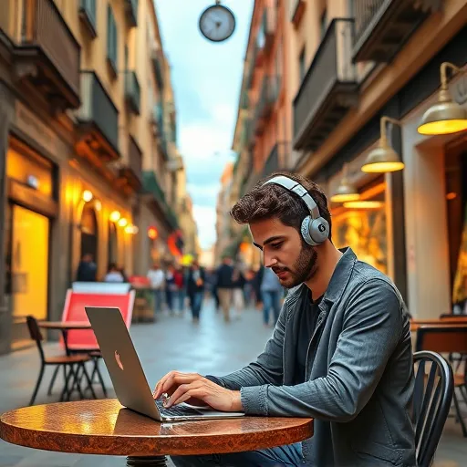 A digital nomad working on a laptop at a cafe, surrounded by city life, architecture, and culture in Barcelona.