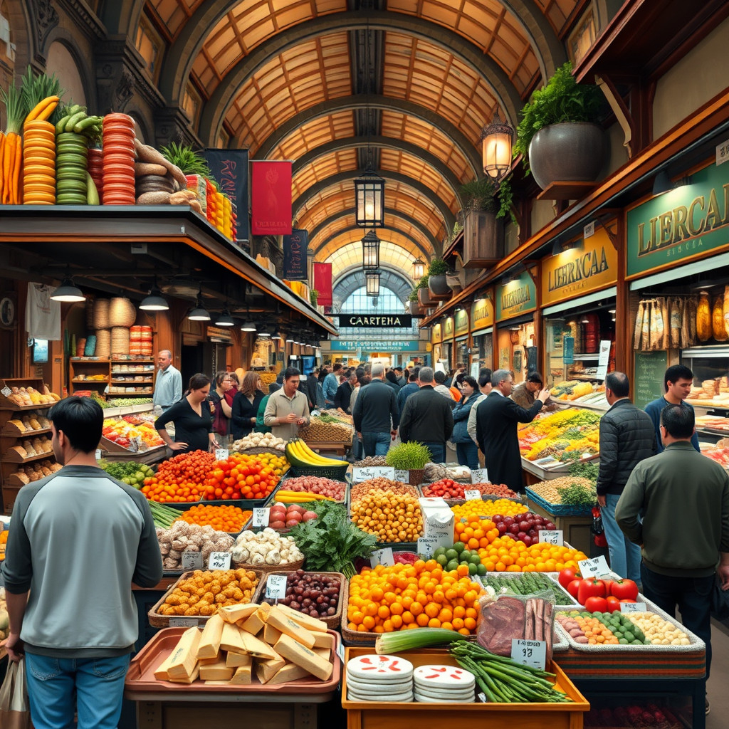 A bustling scene inside Mercat de la Boqueria market in Barcelona with colorful food stalls