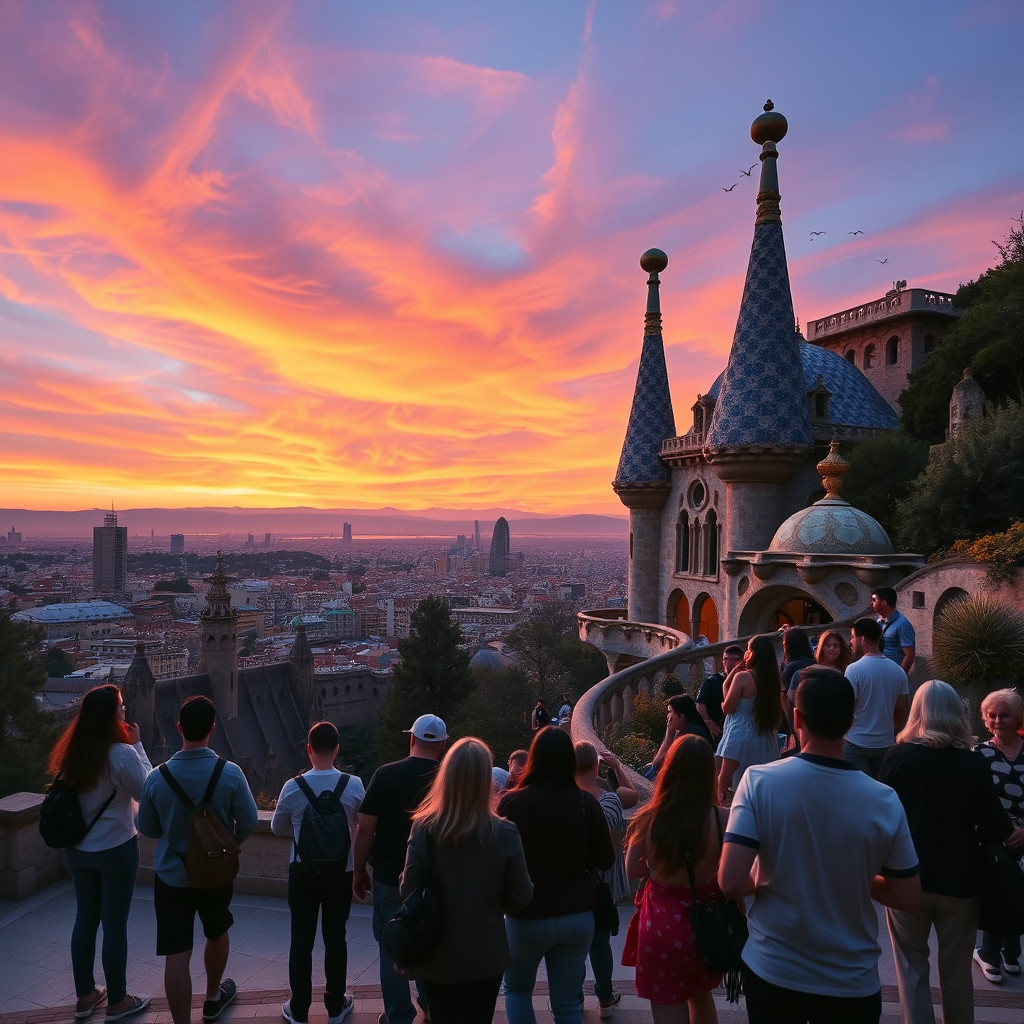 People enjoying the sunset and Gaudí's architecture at Park Güell in Barcelona