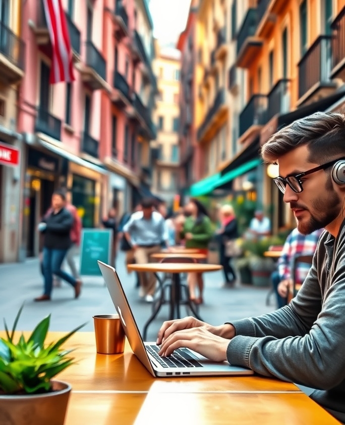 Digital nomad at Barcelona cafe with city skyline, illustrating cost of living for nomads