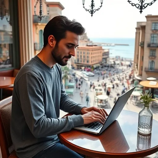 A digital nomad working on a laptop in a cozy café overlooking Barcelona with the Mediterranean Sea in the background