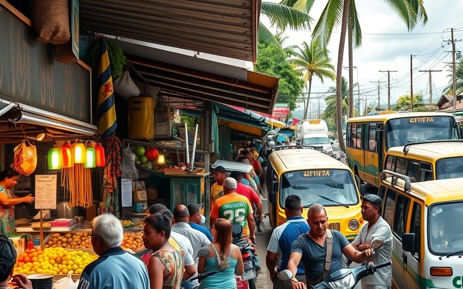 Fijian market with locals enjoying traditional food and various transport options