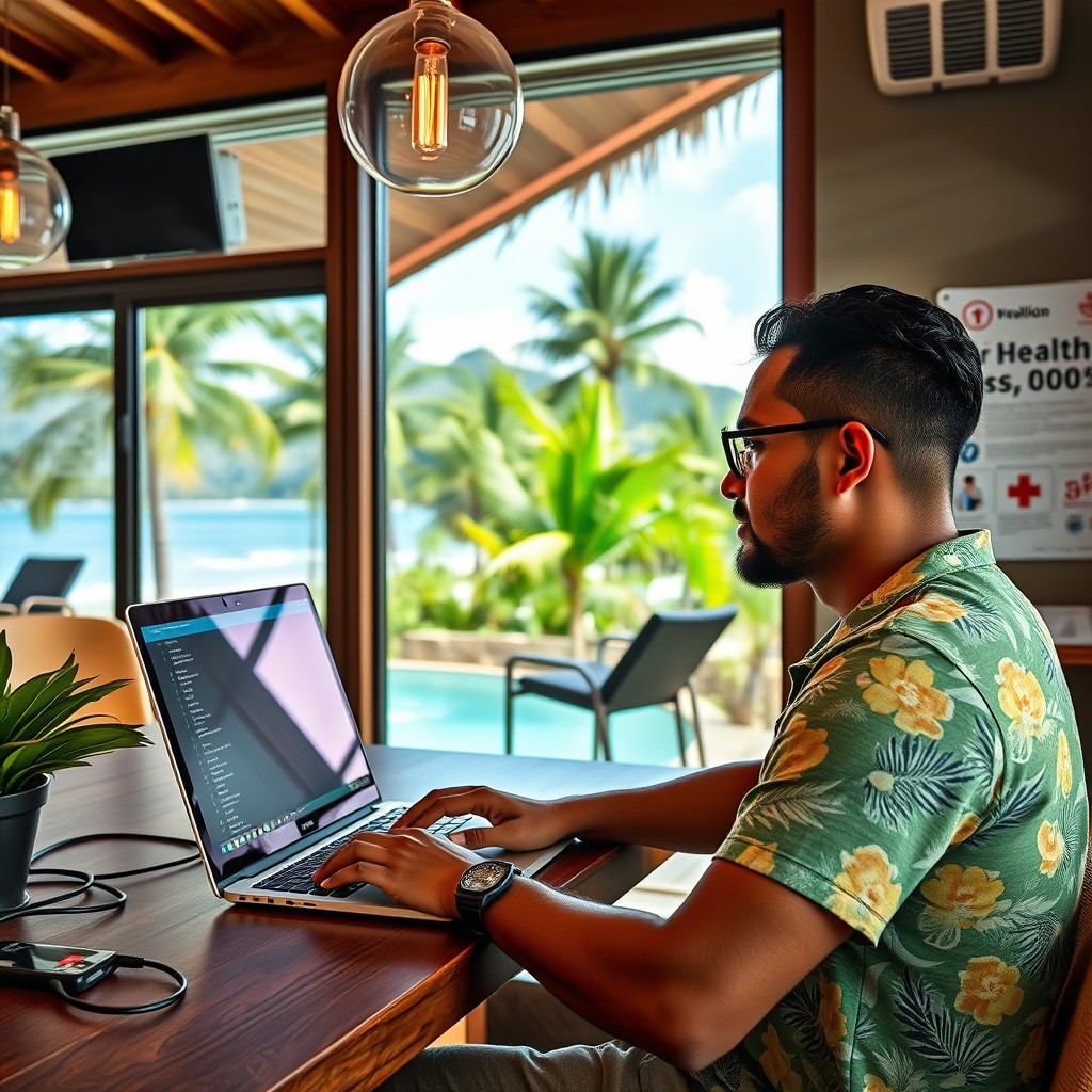 Digital nomad in Fijian co-working space, working from his laptop