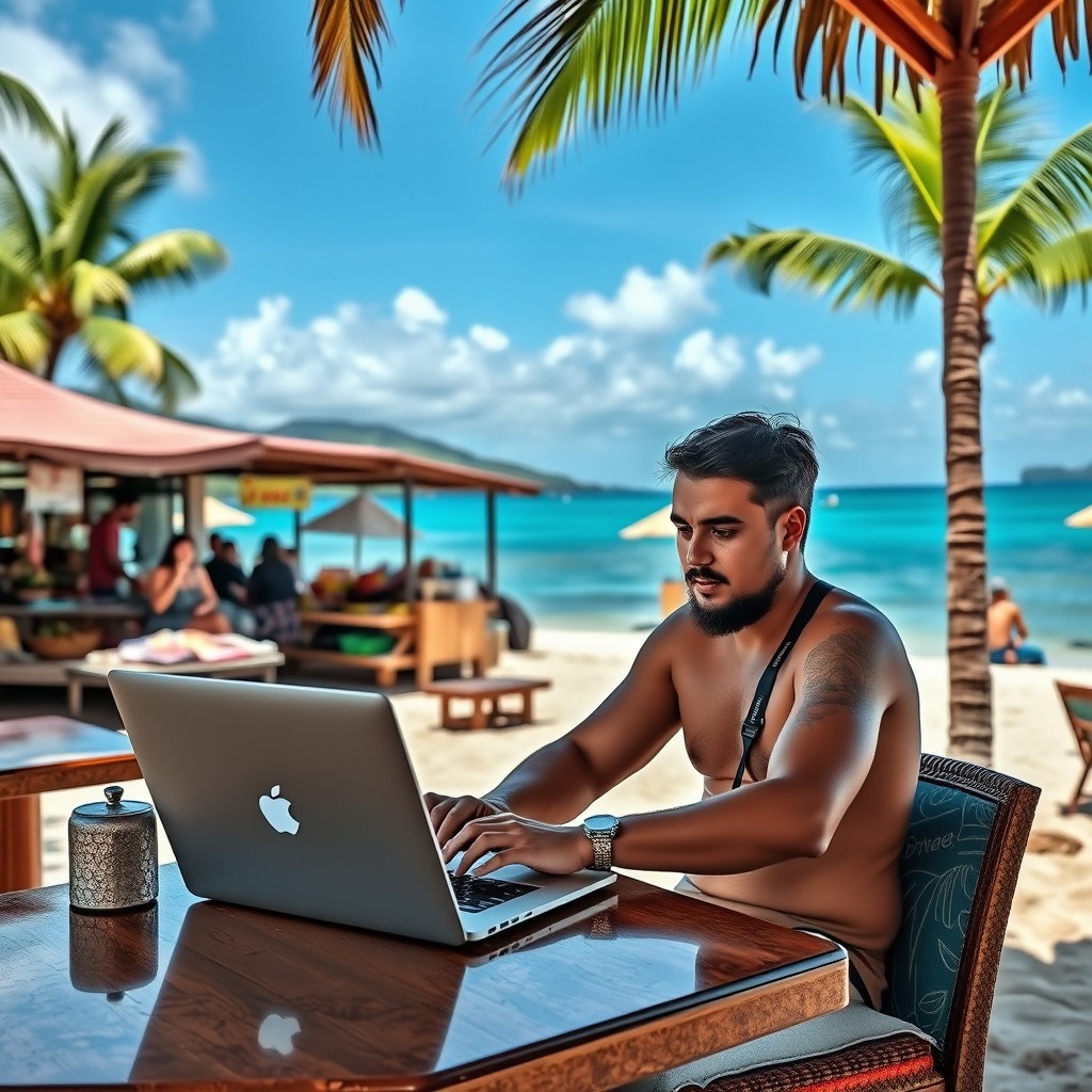 Digital nomad using laptop at Fiji beachfront café with tropical backdrop and local life around