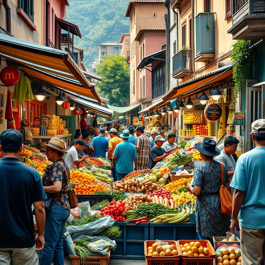 Customers at a bustling Venezuelan market browsing fresh produce and goods among colorful stalls