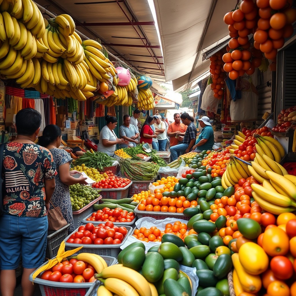 Venezuelan farmers' market with fresh produce and locals shopping for food