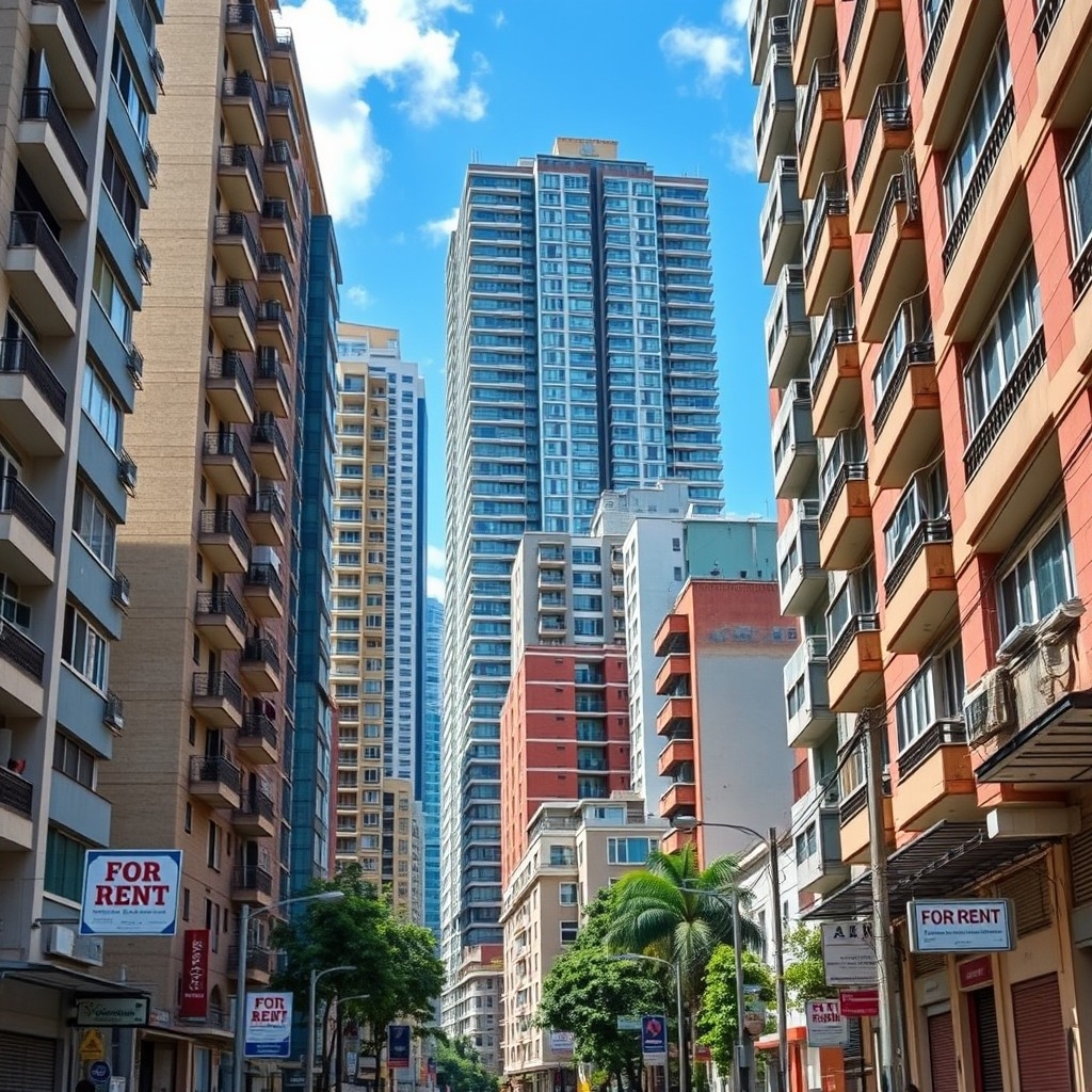 Street in Caracas showing apartment buildings with rent signs representing housing options