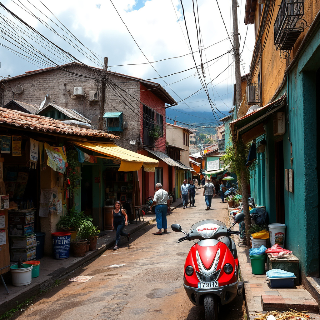 A typical Venezuelan street with motorcycle and people walking around