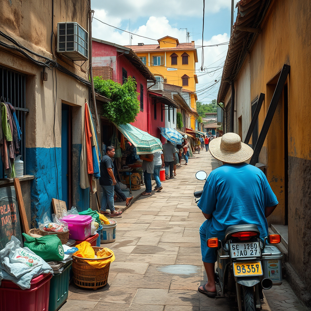 A man riding a motorcycle through the vibrant streets of Venezuela, showcasing the local culture and scenery.