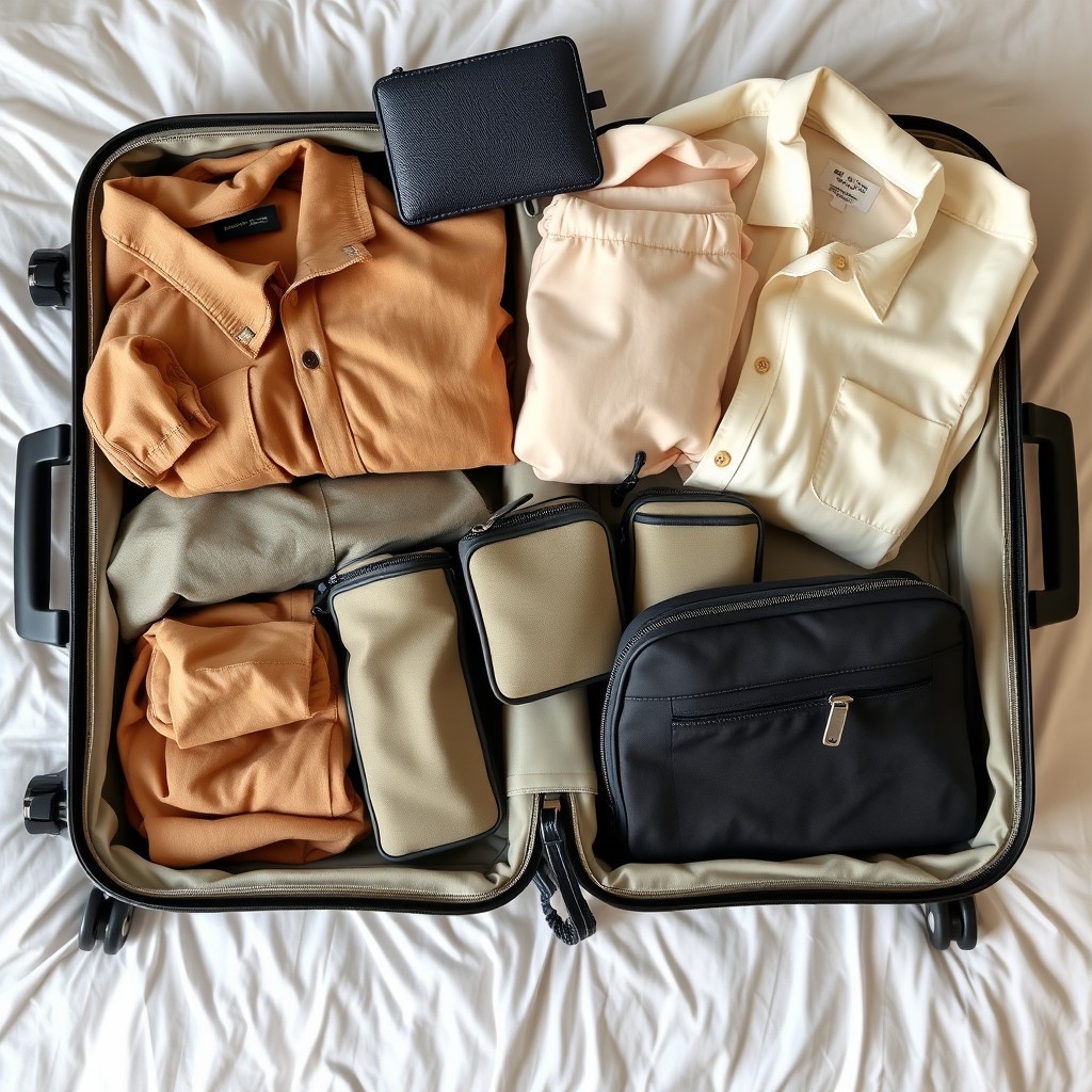 Open suitcase with neutral clothes, toiletry bags, packing cubes, and travel wallet organized inside