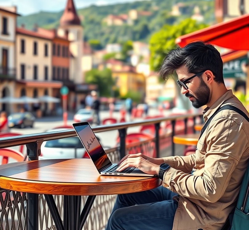 Digital nomad working on laptop at outdoor café with backpack, balancing work and travel