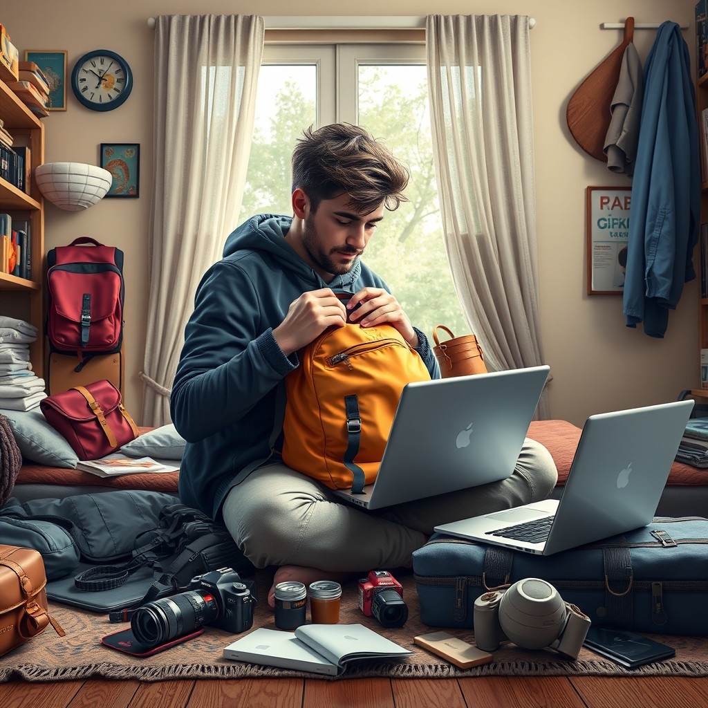 Digital nomad organizing tech gear and travel essentials for nomadic life on the road